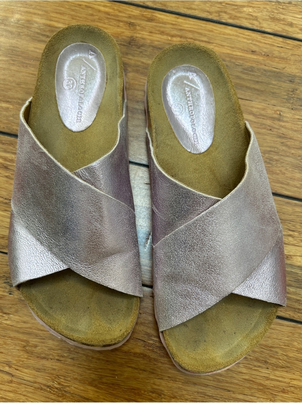 Anthropologie soft metallic pink sandals slides